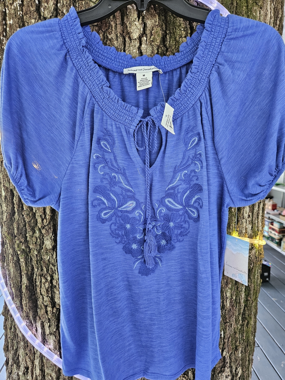 Sirens And Seashells Blue Embroidered Peasant Blouse